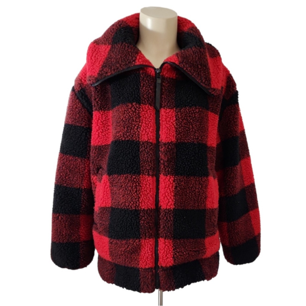 Roots Canada Sherpa Fleece Zip-Up Jacket XS Red Black Buffalo Plaid Lined Pocket